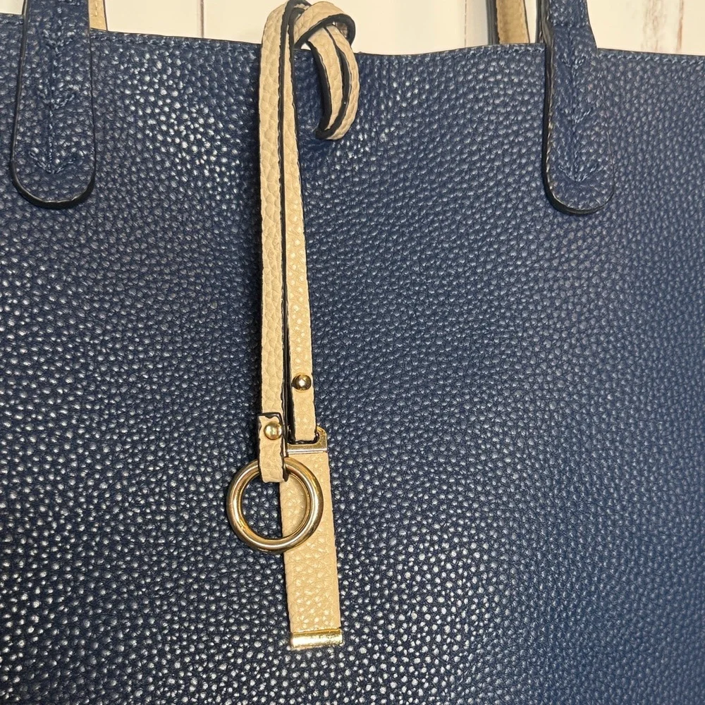 Charming Charlie Reversible Vegan Tote Bag Beige and Blue - Picture 4 of 10